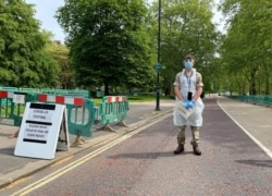 A view of a COVID-19 testing station manned by British military personnel inside London's Hyde Park, May 8, 2020.