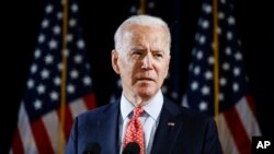 Le candidat démocrate à la présidentielle 2020 Joe Biden lors d'un meeting électoral à Wilmington dans le Delaware, le 12 Mars 2020. (AP Photo/Matt Rourke)