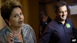 Brazil's President Dilma Rousseff, presidential candidate for re-election, in Rio de Janeiro, Brazil, Oct. 23, 2014. Her opponent, Aecio Neves (right), in Rio de Janeiro, Oct. 24, 2014.