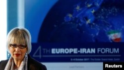 Helga Schmid, secretary general of the European External Action Service, addresses the 4th Europe-Iran Forum in Zurich, Oct. 4, 2017. Schmid will lead talks next week toward a new Iran deal.