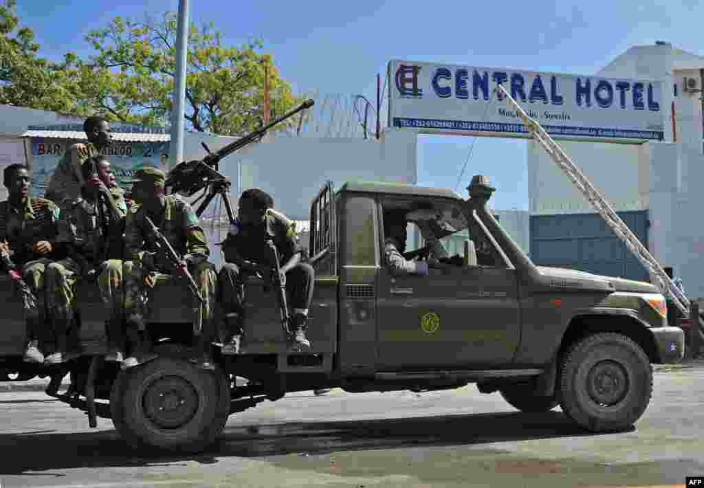 Somali security forces guard the entrance to the Central Hotel, close to the presidential palace in Mogadishu.
