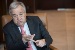 FILE - United Nations Secretary-General Antonio Guterres speaks during an interview at United Nations headquarters, May 7, 2019.