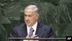 PM Israel Benjamin Netanyahu saat menyampaikan pidato di hadapan Sidang Majelis Umum PBB di New York (29/9).
