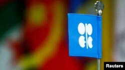 FILE - A flag with the Organization of the Petroleum Exporting Countries (OPEC) logo is seen during a meeting of the Organization of the Petroleum Exporting Countries (OPEC) and non-OPEC producing countries in Vienna, Austria.