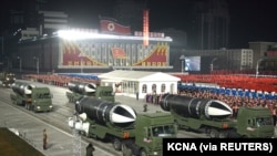 Military equipments are seen during a military parade to commemorate the 8th Congress of the Workers' Party in Pyongyang, North Korea January 14, 2021 in this photo supplied by North Korea's Central News Agency (KCNA). 