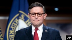 FILE - House Speaker Mike Johnson, R-La., meets with reporters ahead of a vote on a continuing resolution, which ultimately kept the government funded at its current levels, at the Capitol in Washington, Nov. 14, 2023.