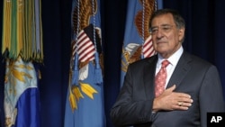 Defense Secretary Leon Panetta during the National Anthem at the start of an event at the Pentagon, Friday, Sept. 9, 2011.