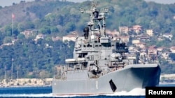 FILE - The Russian Navy's large landing ship Novocherkassk is shown in Istanbul, Turkey, May 5, 2021. Ukrainian forces said they destroyed the ship in an attack in Crimea.