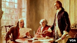 Founding Fathers, left to right, Benjamin Franklin, John Adams and Thomas Jefferson revise the Declaration of Independence. (Painting by Jean Leon Gerome Ferris)