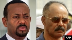 This combination of file pictures Ethiopian Prime Minister Abiy Ahmed, left, in Entebbe, Uganda, June 8, 2018 and Eritrean President Isaias Afwerki reviewing the honor guard during his welcome ceremony in the Khartoum, Sudan, June 11, 2015.