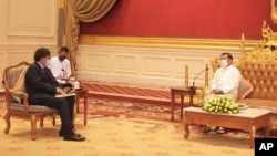 In this photo released by the Myanmar Military True News Information Team, former U.S. ambassador Bill Richardson (left) meets with State Administration Council Chairman, Senior Gen. Min Aung Hlaing, in Naypyitaw, Myanmar, Nov. 2, 2021.