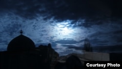 FILE - The outline of a mosque can be seen near Bishkek, Kyrgyzstan.