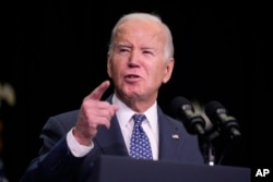 U.S. President Joe Biden speaks to the House Democratic Caucus Issues Conference at Lansdowne Resort In Leesburg, Virginia, on Feb. 8, 2024.