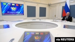 Russian President Vladimir Putin takes part in the BRICS summit via a video link in Moscow, Sept. 9, 2021. 