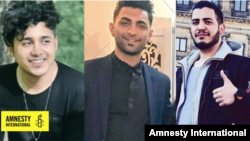 Undated photos of three Iranian men who had been sentenced to death for joining Iran's November 2019 antigovernment protests but were granted the right to a retrial on Dec. 5, 2020. From left to right: Saeid Tamjidi, Mohammad Rajabi and Amir Hossein Morad
