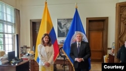 Vicepresidenta y canciller Marta Lucía Ramírez, y Luis Almagro, secretario general de la OEA, durante una reunión en EE:UU., el 9 de julio. [Foto: cortesía de la OEA]