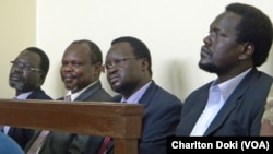 Left to right: former Security Minister Oyay Deng Ajak, former SPLM Secretary General Pagan Amum, former Deputy Defense Minister Majok D'Agot Atem, former envoy of Southern Sudan government to the US Ezekiel Lol Gatkuoth, in court.