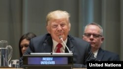 دونالد ترامپ رئیس جمهوری ایالات متحده در مقر سازمان ملل متحد در شهر نیویورک - ۲۴ سپتامبر ۲۰۱۸ 