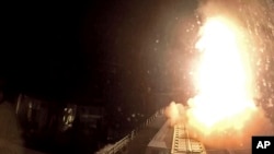 The HMS Diamond fires a Sea Viper missile to shoot down a suspected attack drone over the Red Sea on Dec. 16, 2023, the British Royal Navy said. (Royal Navy via AP)