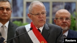 FILE - Peru's President Pedro Pablo Kuczynski speaks during a swearing-in ceremony at the Government Palace in Lima, Peru, Jan. 9, 2018.
