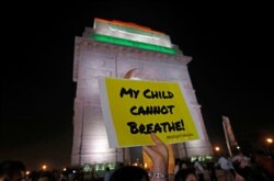 A protestor holds a placard in front of the India Gate during a protest demanding government to take immediate steps to control air pollution in New Delhi, India, Nov. 5, 2019.