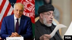 Utusan Khusus AS untuk Rekonsiliasi Politik Afghanistan Zalmay Khalilzad (kiri) dan pemimpin kantor Taliban di Qatar, Abas Stanikzai. 