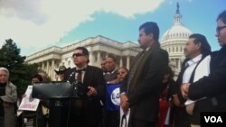 Border activist Valentin Tachiquin speaks outside the U.S. Capitol in Washington, DC, February 27, 2013, in a rally organized by Border Network for Human Rights, the Southern Border Communities Coalition, the Northern Border Coalition, the Justice in Immigration Law Coalition, the Campaign for Accountable, Moral and Balanced Immigration Overhaul, and the Reform Immigration for Texas Alliance.