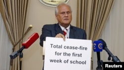 Austrian diplomat and OSCE Ambassador Martin Sajdik addresses the media after a meeting of the so-called Contact Group in Minsk, Belarus, Aug. 26, 2015.
