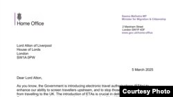 英國内政部回覆奧爾頓勳爵的信件。（圖片來源：奧爾頓勳爵）