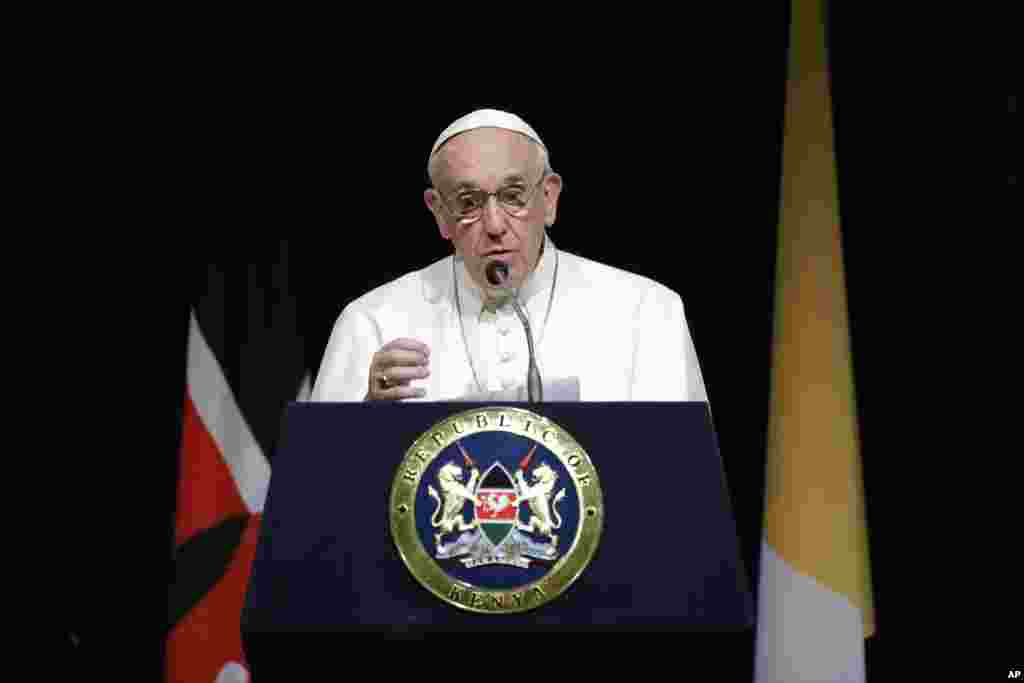 Pope Francis speaks at Nairobi's State House, Nov. 25, 2015. 