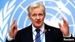 FILE - United Nations Syria envoy's Special Adviser Jan Egeland attends a briefing after the meeting of the humanitarian task force on Syria in Geneva, Switzerland, Feb. 1, 2018. 