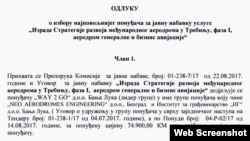 Odluka o izboru najpovoljnijeg ponuđača objavljena na web portalu Aerodromi Republike Srpske
