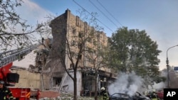 FILE - This photo provided by the Ukrainian Emergency Service shows the aftermath of a Russian attack in Cherkasy, Ukraine, Sept. 21, 2023. The region was attacked again on April 25, 2024, with blast waves and debris damaging nearly 50 houses.