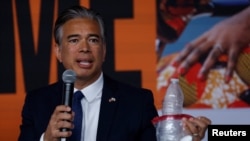 California Attorney General Rob Bonta announces a lawsuit against oil giant ExxonMobil over its alleged role in global plastic waste pollution, during a press conference event at Climate Week in New York City, Sept. 23, 2024. 