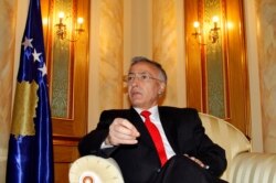 FILE - Acting Kosovo's President Jakup Krasniqi speaks during an interview with Reuters in Pristina, Oct. 11,2010.