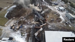 FILE - Drone footage shows the freight train derailment in East Palestine, Ohio, US, February 6, 2023 in this screengrab obtained from a handout video released by the NTSB.