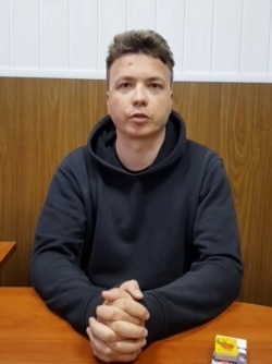FILE - Belarusian blogger Raman Pratasevich is said to be seen in a pre-trial detention facility in Minsk, May 24, 2021, in this still image taken from video. (Telegram@Zheltyeslivy/Reuters TV)