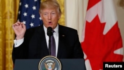 U.S. President Donald Trump addresses a joint news conference with Canadian Prime Minister Justin Trudeau at the White House in Washington, Feb. 13, 2017.