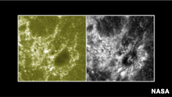 These two images show a section of the sun as seen by NASA's Interface Region Imaging Spectrograph, or IRIS, on the right and NASA's SDO on the left.