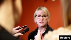 FILE - Sweden's Foreign Minister Margot Wallstrom comments on a meeting with North Korean Foreign Minister Ri Yong Ho, in the Swedish house of parliament in Stockholm, March 16, 2018.