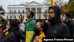 Activists listen to speakers supporting the Ethiopian government during a protest in front of the White House in Washington on Nov. 21, 2021 demanding a stop for what they say is American support for the Tigray People's Liberation Front. 