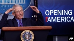 Dr. Anthony Fauci, director of the National Institute of Allergy and Infectious Diseases, speaks about the coronavirus in the James Brady Press Briefing Room of the White House, April 16, 2020, in Washington. 