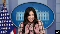 Teen pop star Olivia Rodrigo speaks at the beginning of the daily briefing at the White House in Washington, July 14, 2021. Rodrigo was at the White House to meet with President Joe Biden and Dr. Anthony Fauci, and to film a vaccination video. 