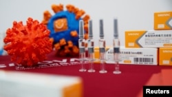 Vaksin produksi Sinovac Biotech dalam pameran pengembangan kandidat vaksin COVID-19 di Beijing, China, 24 September 2020. (Foto: dok).