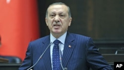 Turkey's Prime Minister Tayyip Erdogan addresses members of parliament from his ruling AK Party during a meeting at the Turkish parliament in Ankara, Turkey, November 22, 2011.