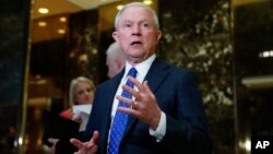 Sen. Jeff Sessions, R-Ala. speaks to media at Trump Tower, Nov. 17, 2016, in New York. 