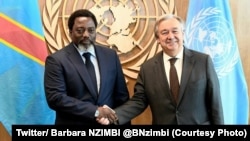 Le président congolais Joseph Kabila et le Secrétaire général des Nations Unies Antonio Guterres en marge de la 71e assemblée générale de l’ONU, New York, 23 septembre 2017. (Twitter/ Barbara NZIMBI‏ @BNzimbi)