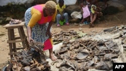 FILE - Alice Jallabah, head of a bushmeat seller group, holds dried bushmeat on Oct. 7, 2014, in Monrovia. The outbreak of the Ebola virus in Liberia led to a ban on eating bushmeat.