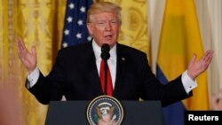 U.S. President Donald Trump speaks during a joint news conference with Colombia's President Juan Manuel Santos (not pictured) at the White House in Washington, May 18, 2017.