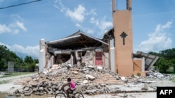 The Church St Anne is seen completely destroyed by the earthquake in Chardonnieres, Haiti on August 18, 2021. 